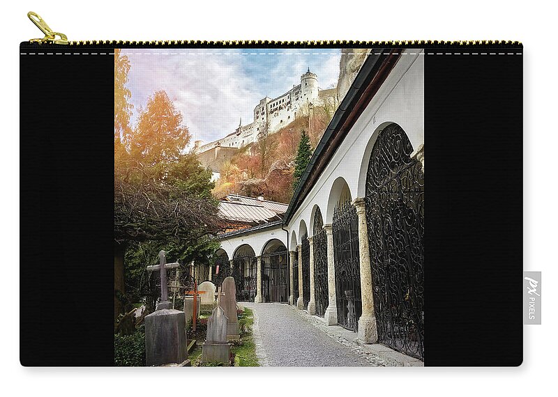 Salzburg Zip Pouch featuring the photograph Petersfriedhof and Salzburg Castle by Carol Japp