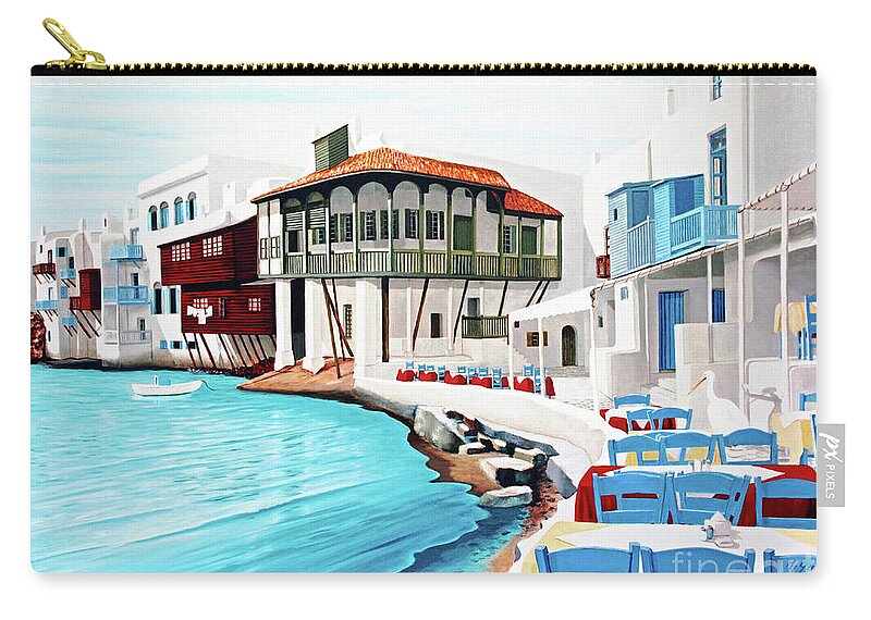 Mykonos Zip Pouch featuring the painting PETROS IN MYKONOS - prints of oil painting by Mary Grden