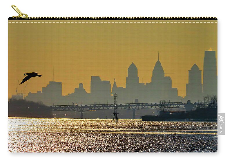 Philadelphia Zip Pouch featuring the photograph Philadelphia Skyline with Gull at Sunset as Seen from Amico Island by Linda Stern