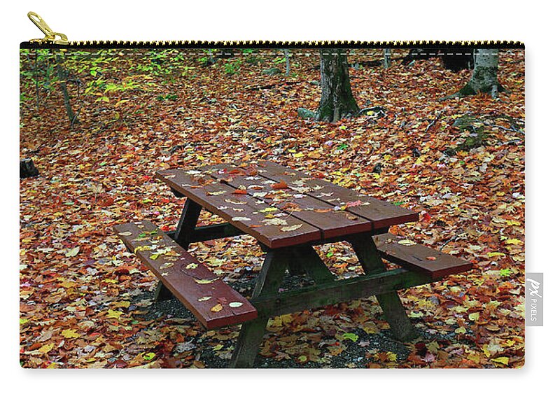 Fall Zip Pouch featuring the photograph Picnic table. Autumn by Kevin Shields