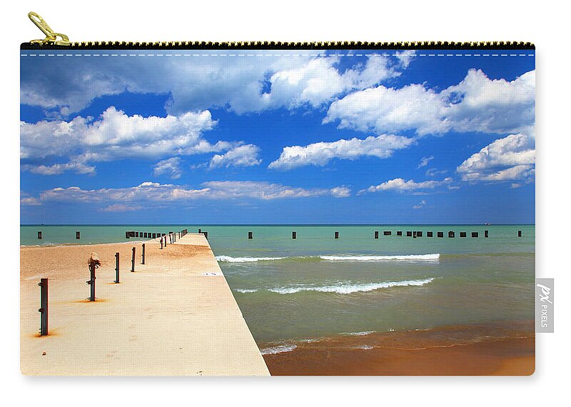 Landscape Zip Pouch featuring the photograph Pier Blue Sky Clouds Lake North Avenue Beach by Patrick Malon