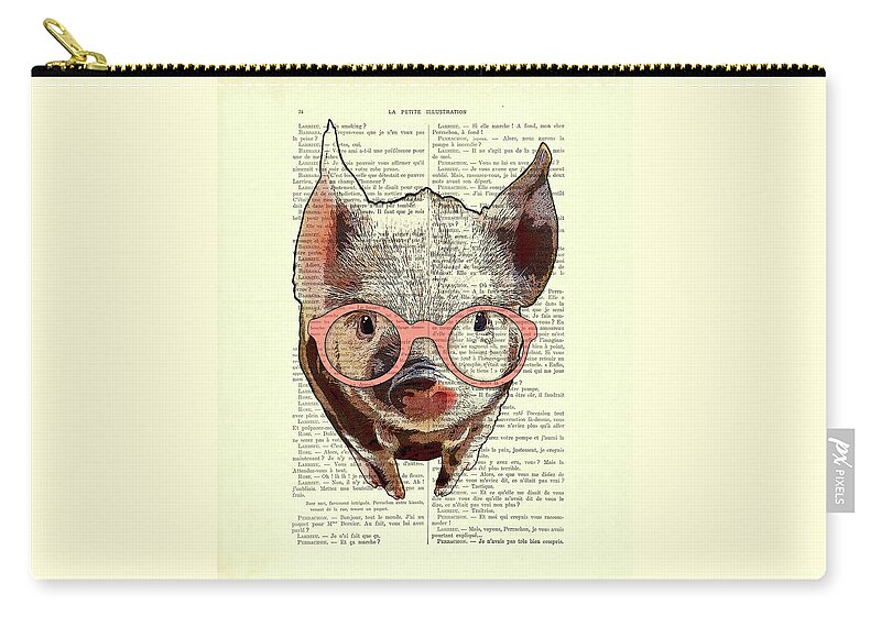 Pig Zip Pouch featuring the mixed media Piglet with pink glasses by Madame Memento