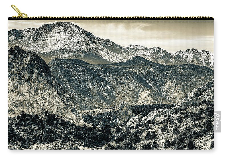 Colorado Springs Zip Pouch featuring the photograph Pikes Peak Rocky Mountain Landscape in Sepia - Colorado Springs by Gregory Ballos