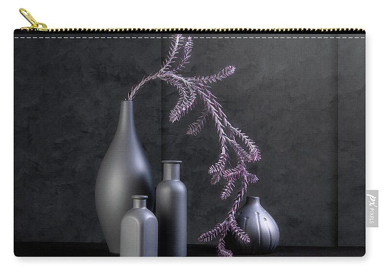 Vase Zip Pouch featuring the photograph Pine Branch Still Life in Grey by Tom Mc Nemar