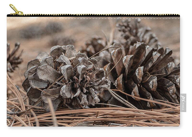 Fstop101 Pine Cones Close Up Brown Pine Needles Zip Pouch featuring the photograph Pine Cones by Geno