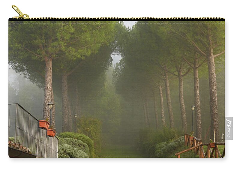 Jenny Rainbow.evgeniya Vlasova Garden Photography Zip Pouch featuring the photograph Pine Trees Alley in Fog at Tuscany Rural Villa 1 by Jenny Rainbow