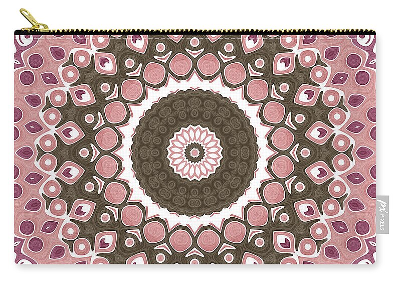 Pink Zip Pouch featuring the digital art Pink and Brown Mandala Kaleidoscope Medallion Flower by Mercury McCutcheon