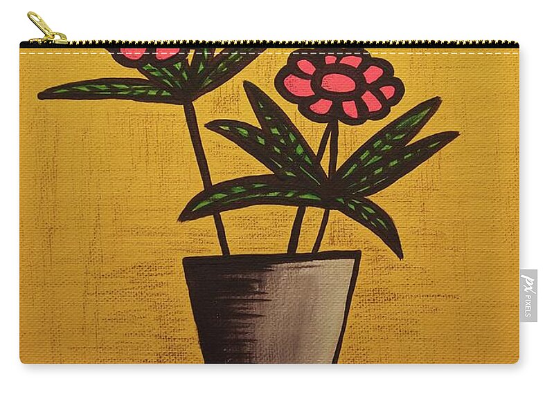 Mid Century Modern Zip Pouch featuring the mixed media Pink Flower Still Life Painting by Donna Mibus