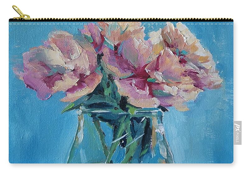 Pink Carry-all Pouch featuring the painting Pink Flowers with Blue by Sheila Romard