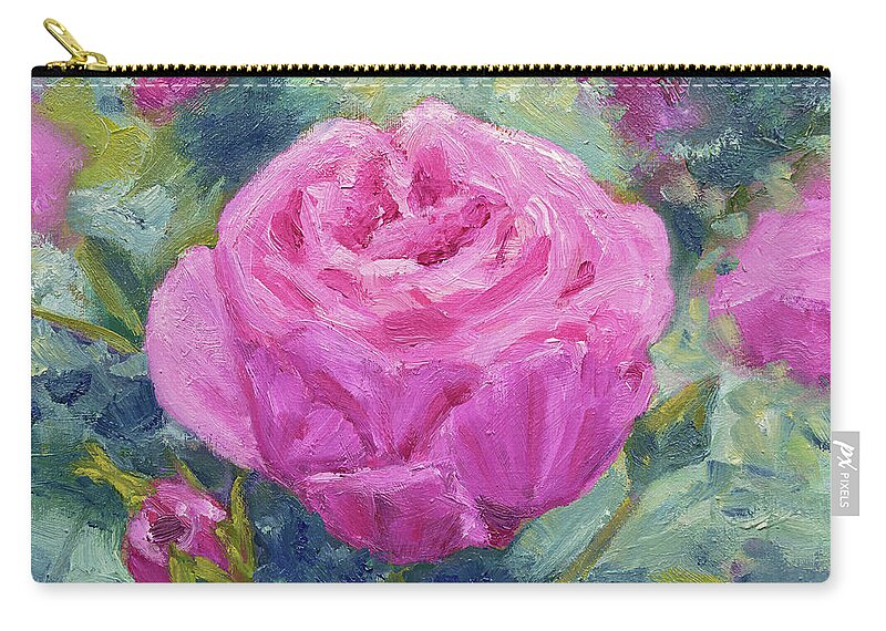 Pink Rose Zip Pouch featuring the painting Pink Garden Rose by Maria Meester