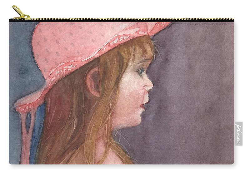Child With Hat Zip Pouch featuring the painting Pink Hat by Vicki B Littell