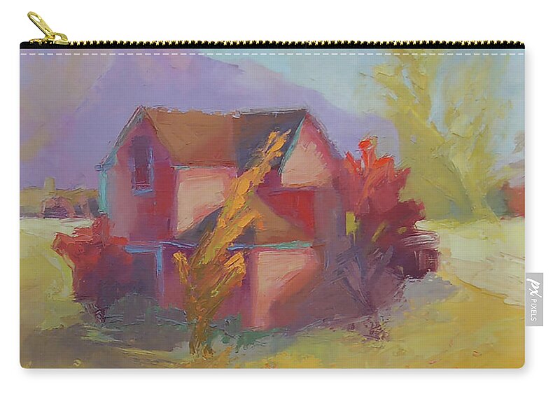 Landscape Zip Pouch featuring the painting Pink House Yellow by Cathy Locke