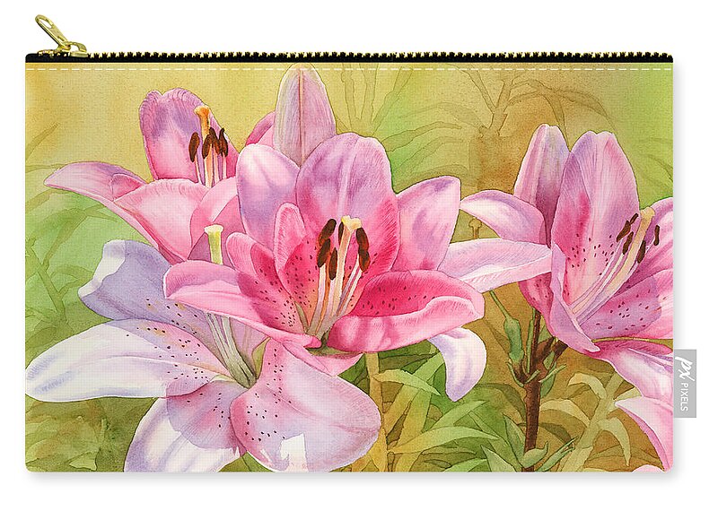 Pink Carry-all Pouch featuring the painting Pink Lilies by Espero Art