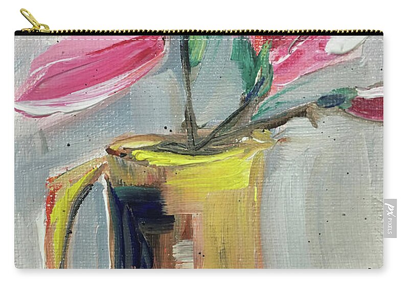 Magnolias Zip Pouch featuring the painting Pink Magnolias in a Yellow Porcelain Pitcher by Roxy Rich