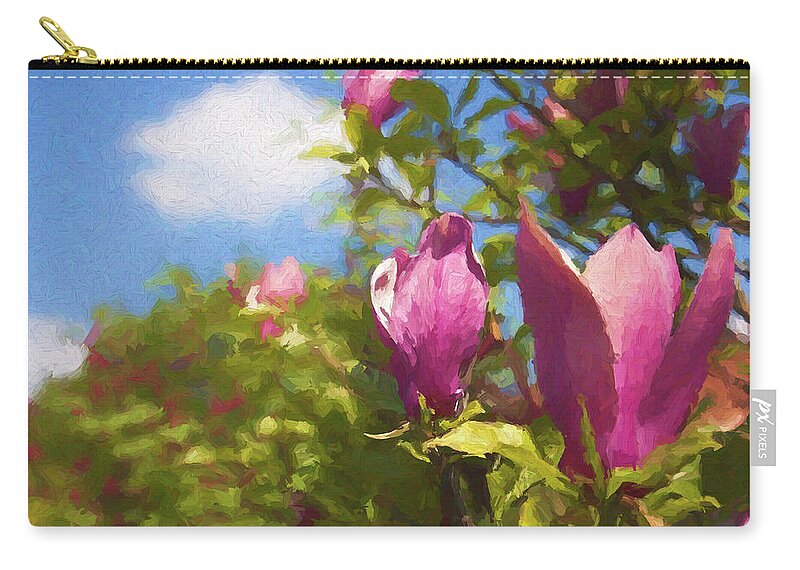 Magnolia Flowers Zip Pouch featuring the mixed media Pink Magnolias by Tatiana Travelways