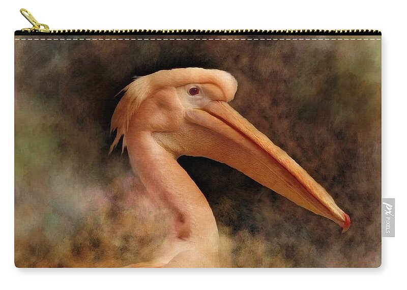 Pelican Zip Pouch featuring the mixed media Pink Pelican Bird 81 by Lucie Dumas
