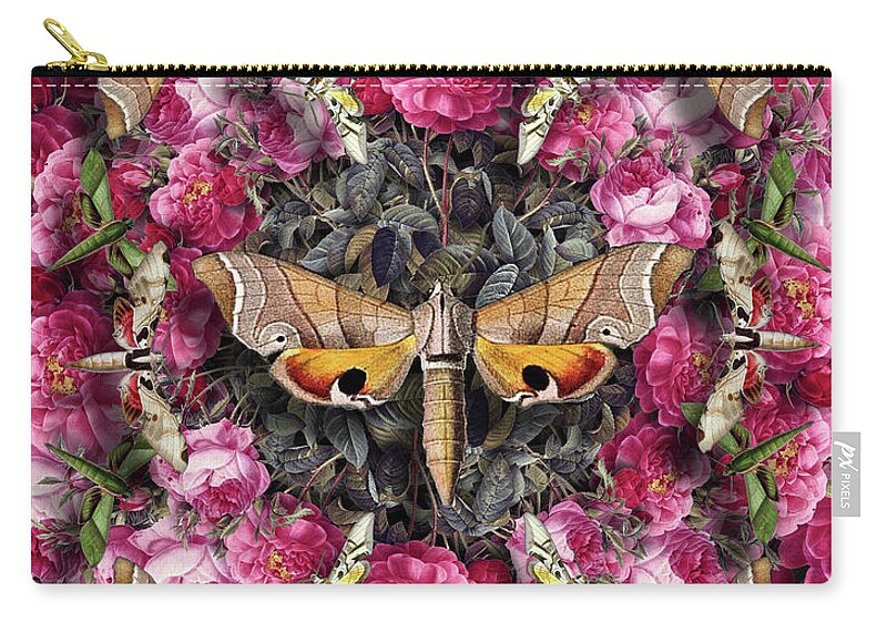 Moths Zip Pouch featuring the digital art Pink Roses and Moths by Peggy Collins