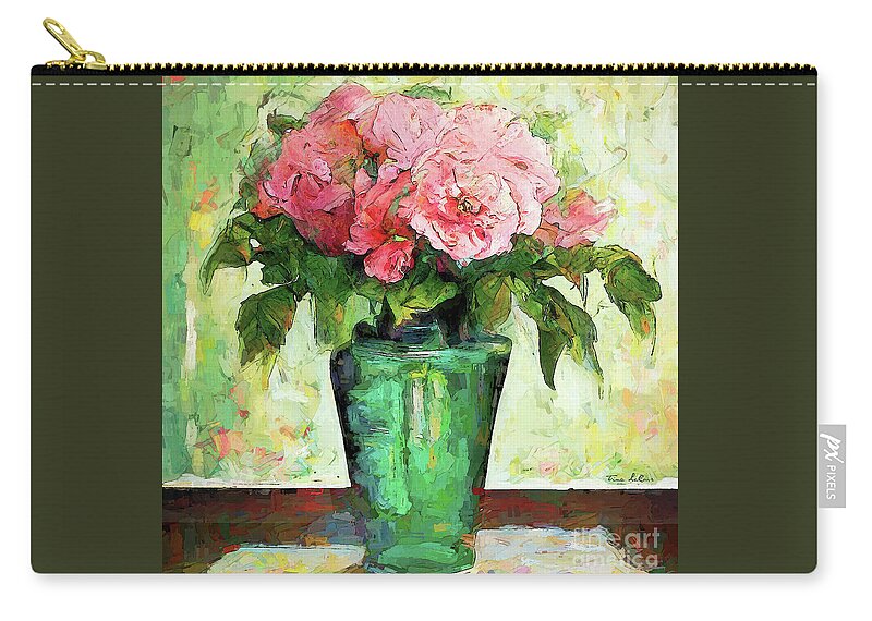 Roses Zip Pouch featuring the painting Pink Roses in Green Vase by Tina LeCour