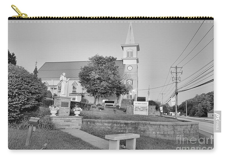 St Mary Zip Pouch featuring the photograph Pink Skies Over St. Mary's Church Export PA Black And White by Adam Jewell