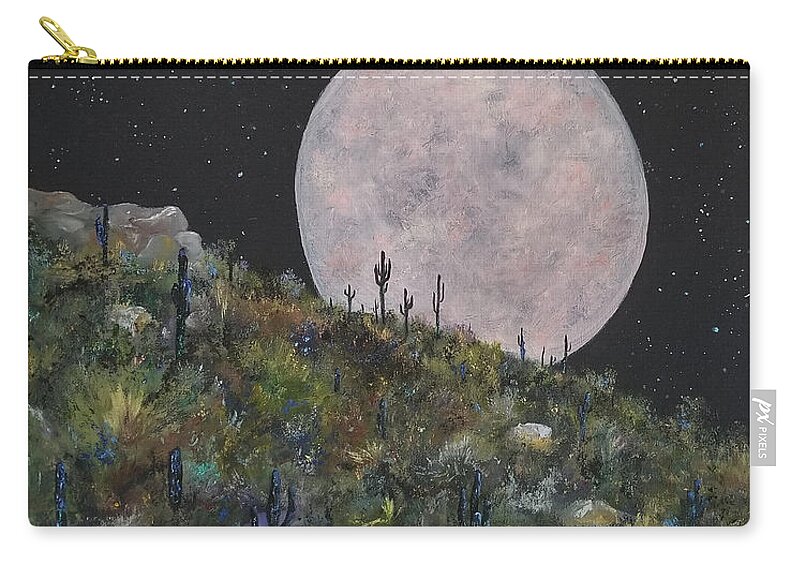 Moon Zip Pouch featuring the painting Pink Supermoon by Judith Rhue