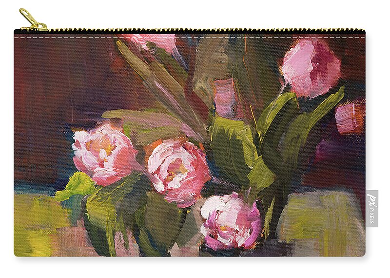Tulips Zip Pouch featuring the painting Pink Tulips by Radha Rao