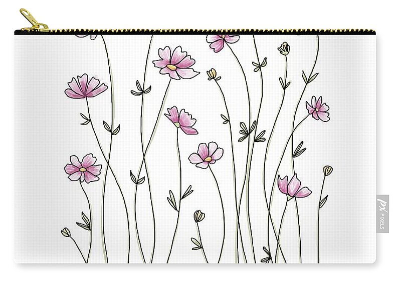 Wildflowers Zip Pouch featuring the painting Pink Wildflowers Line Art by Elizabeth Robinette Tyndall