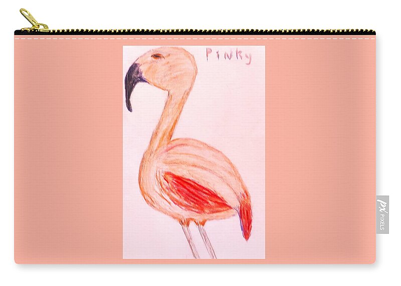 Flamingo Zip Pouch featuring the drawing Pinky Tampa's Famous Flamingo by Suzanne Berthier