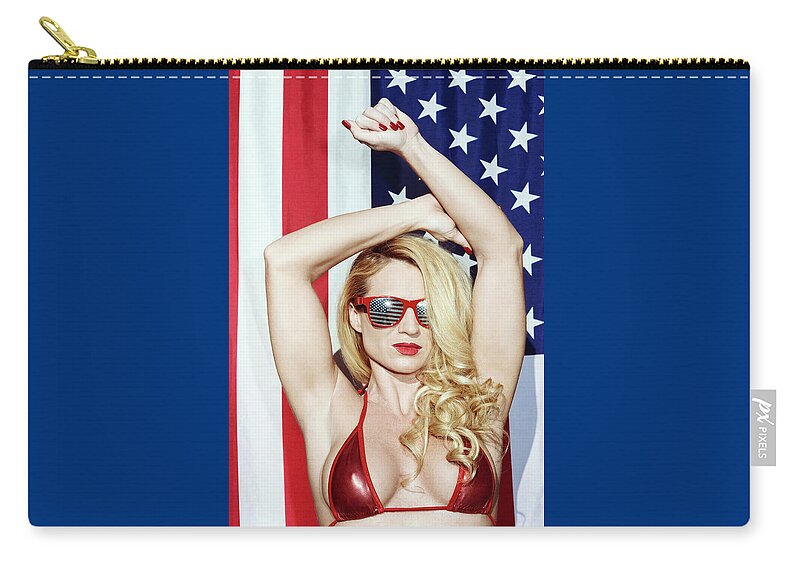 America 4 July Zip Pouch featuring the photograph U.S.A. Patriot Ms Piper Precious USA Flag 8788-100 by Amyn Nasser