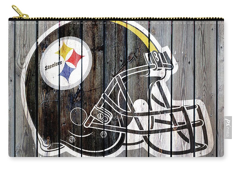 Pittsburgh Steelers Zip Pouch featuring the digital art Pittsburgh Steelers Wood Helmet by CAC Graphics