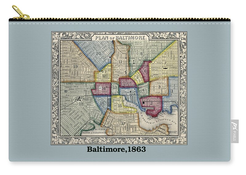 Baltimore Zip Pouch featuring the photograph Plan of Baltimore Antique Map 1863 by Phil Cardamone