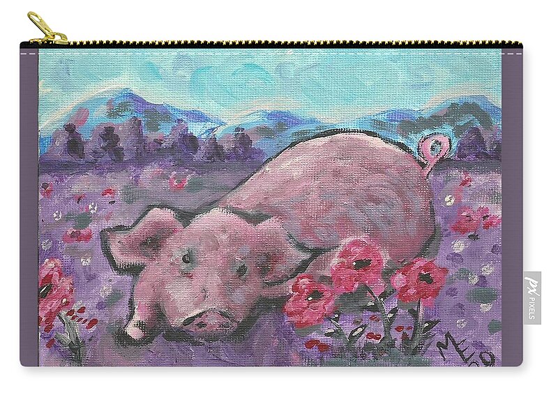 Pig Painting Zip Pouch featuring the painting Playful Pig by Monica Resinger