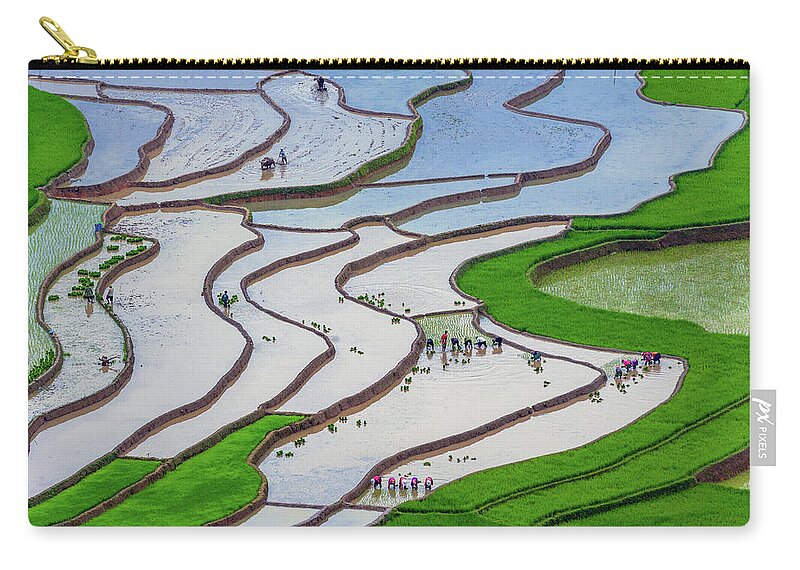 Incredible Zip Pouch featuring the photograph plowing and planting in Mu Cang Chai rice terraces by Khanh Bui Phu