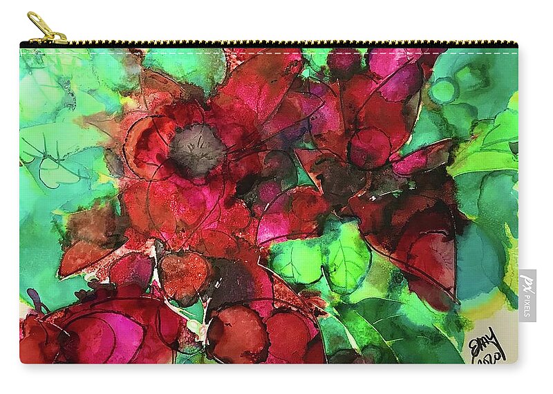 Pointsetta Zip Pouch featuring the painting Poinsetta Abstract in Alcohol Ink by Eileen Backman