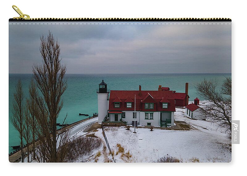 Lighthouse Lake Michigan Zip Pouch featuring the photograph Point Betsie Lighthouse side view by Eldon McGraw