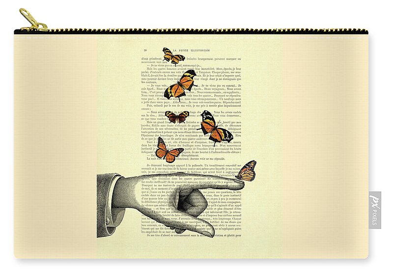 Hand Zip Pouch featuring the digital art Pointing finger surrounded by orange butterflies by Madame Memento