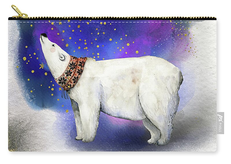 Polar Bear Zip Pouch featuring the painting Polar Bear With Golden Stars by Garden Of Delights