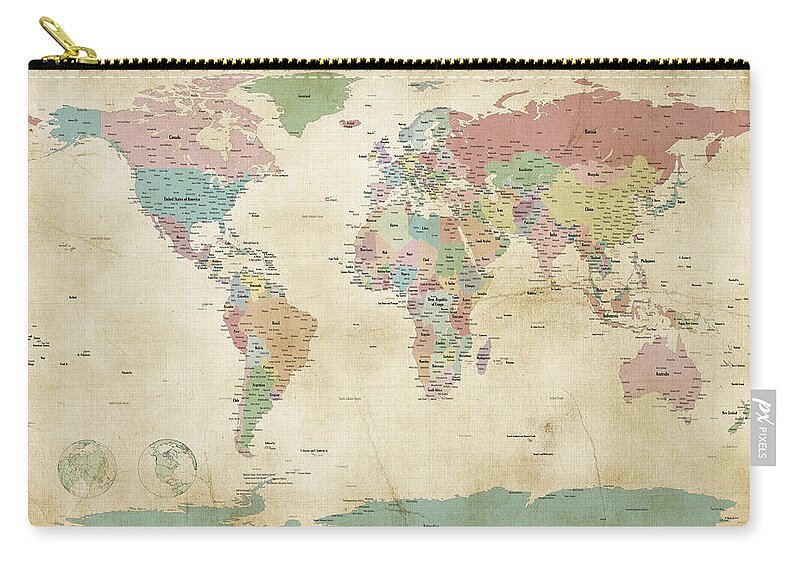 World Map Zip Pouch featuring the digital art Political Map of the World Map Old Style by Michael Tompsett