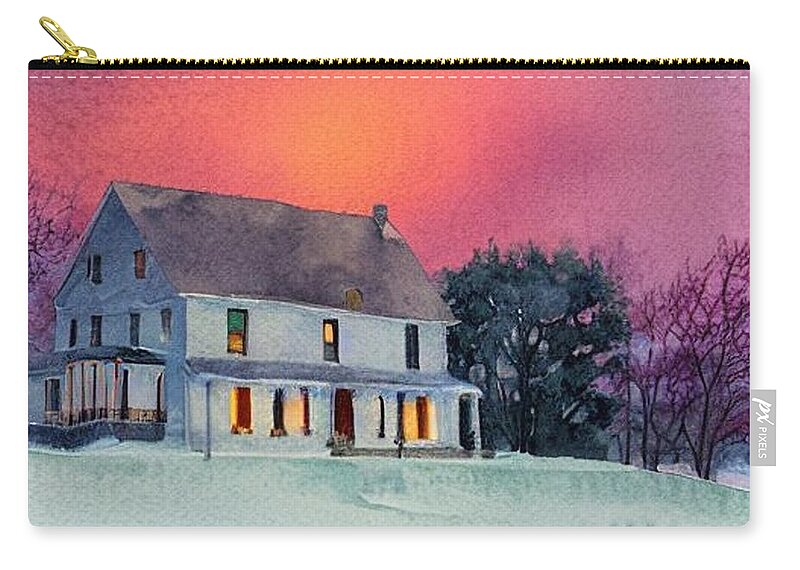 Pompton Plains Zip Pouch featuring the painting Pompton Plains New Jersey Farmhouse in the Snow by Christopher Lotito