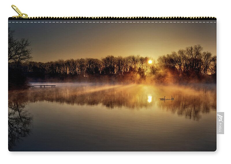 Geese Goslings Goose Pond Sunrise Lake Fog Steam Dock Water Wisconsin Stoughton Wi Landscape Golden Pentax Morning Golden Hour Serene Relaxing Joyful Zip Pouch featuring the photograph Pond Perfection - Golden foggy sunrise at pond with geese and goslings south of Stoughton WI by Peter Herman