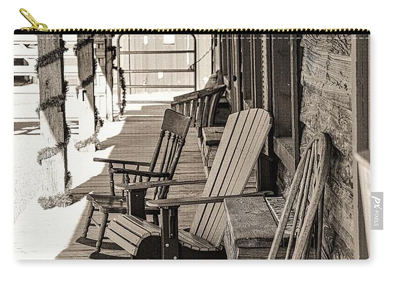 Porch Chair Old B&w Barn Zip Pouch featuring the photograph Porch by John Linnemeyer