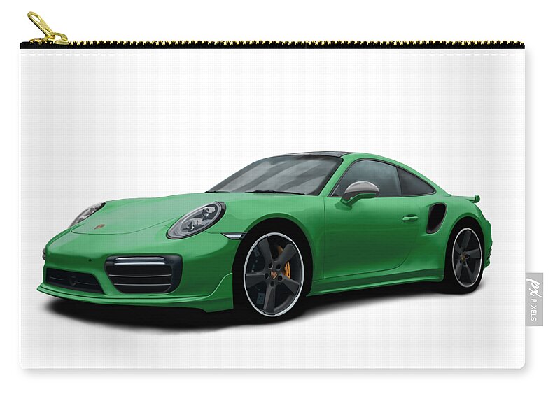 Hand Drawn Carry-all Pouch featuring the digital art Porsche 911 991 Turbo S Digitally Drawn - Green by Moospeed Art