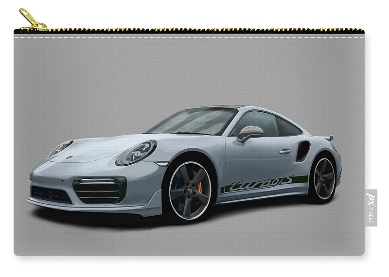Hand Drawn Carry-all Pouch featuring the digital art Porsche 911 991 Turbo S Digitally Drawn - Grey with side decals script by Moospeed Art