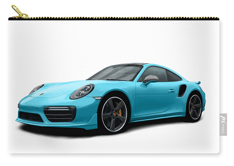 Hand Drawn Carry-all Pouch featuring the digital art Porsche 911 991 Turbo S Digitally Drawn - Light Blue by Moospeed Art