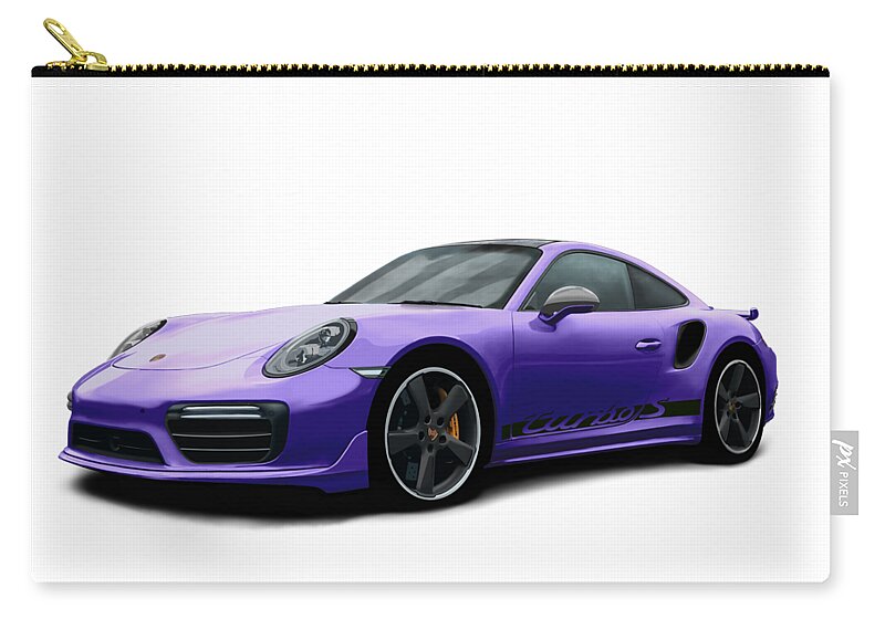 Hand Drawn Carry-all Pouch featuring the digital art Porsche 911 991 Turbo S Digitally Drawn - Purple with side decals script by Moospeed Art