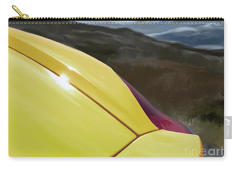 Hand Drawn Carry-all Pouch featuring the digital art Porsche Boxster 981 Curves Digital Oil Painting - Racing Yellow by Moospeed Art