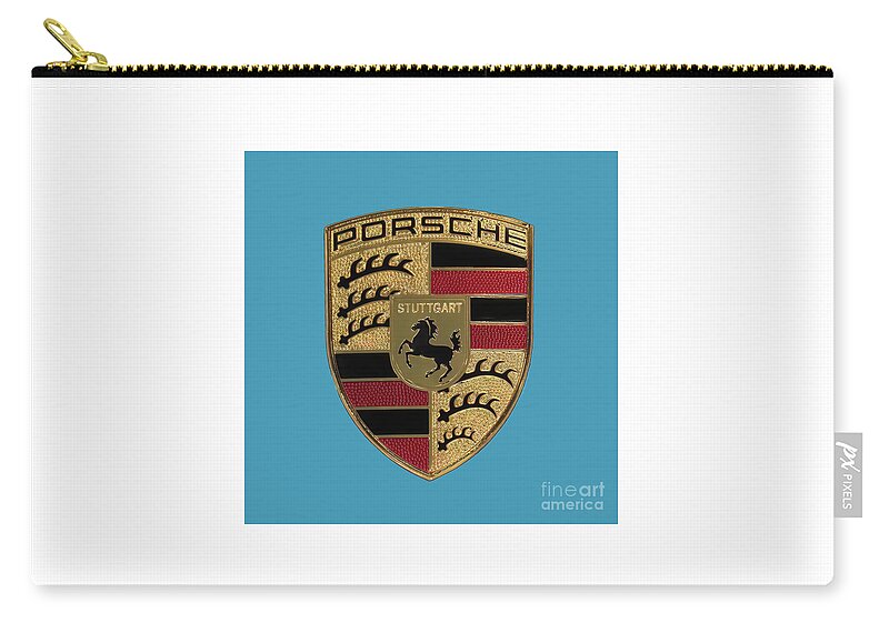 Porsche Zip Pouch featuring the photograph Porsche Emblem-Miami Blue by Scott Cameron