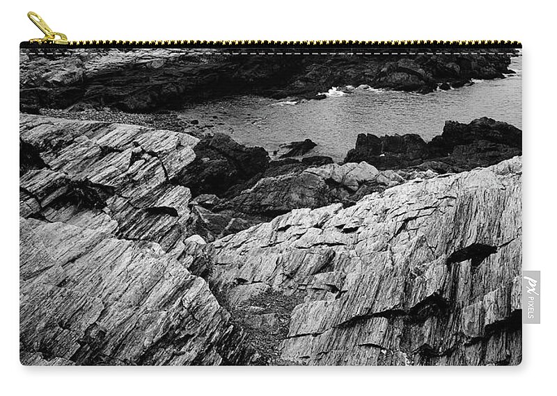 Portland Head Light Rocks Black And White Zip Pouch featuring the photograph Portland Head Light Coast Black And White by Dan Sproul