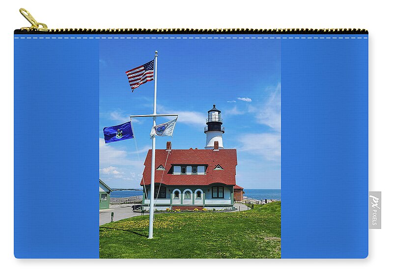 Portland Head Zip Pouch featuring the photograph Portland Head Lighthouse and Keeper's House by Ron Long Ltd Photography