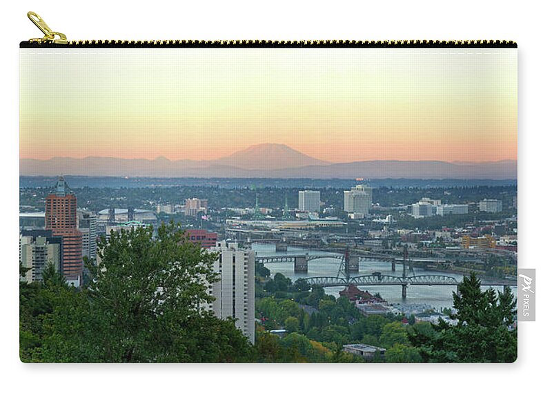 Portland Zip Pouch featuring the photograph Portland Skyline along Willamette River Sunset Panorama by David Gn