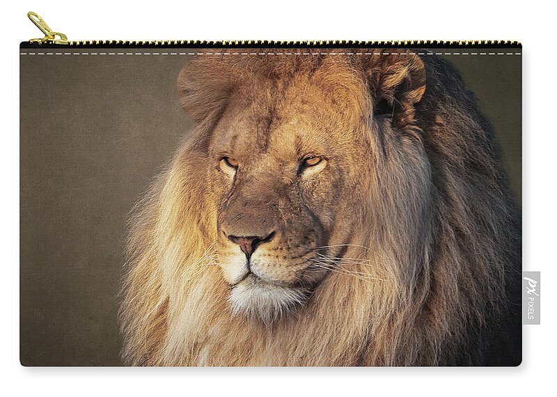 Lion Zip Pouch featuring the digital art Portrait lion by Marjolein Van Middelkoop